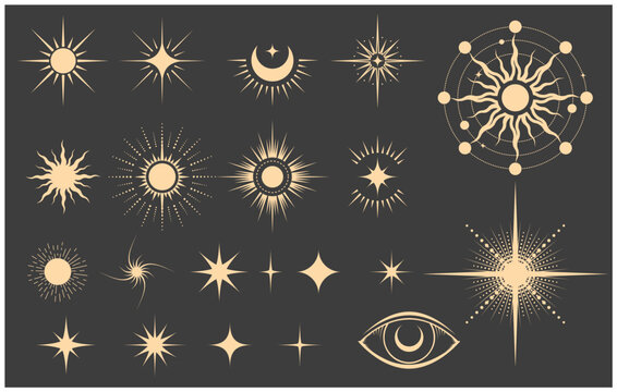 Set of mystical star icons, magic moon and astrology stars in tarot style, christmas decoration, vector