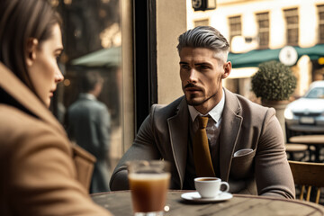 Intense businessman negotiating a deal with a potential client over coffee at a cozy cafe in a bustling downtown area, generative ai