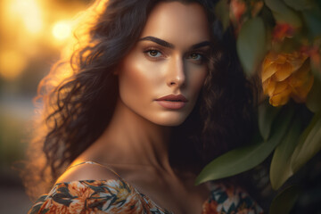Golden Hour Glow Stunning Portrait of a Brunette Woman in a Floral Dress, generative ai
