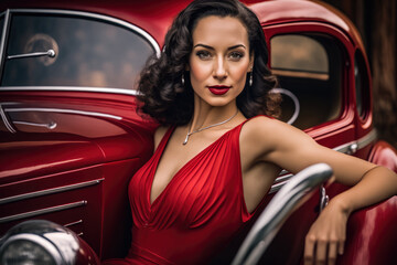 Obraz na płótnie Canvas Glamorous woman posing in a vintage car wearing a red dress and pearl necklace, generative ai