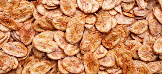 Banana slices chips. Close up