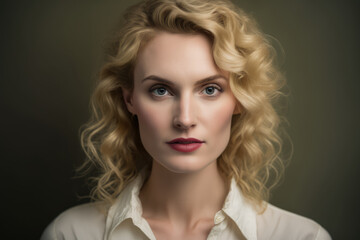 Fototapeta premium Elegant and graceful 40-year-old blonde woman with soft curls and a confident gaze, wearing a simple white blouse against a plain studio background, generative ai