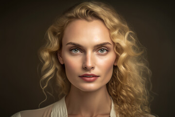 Fototapeta premium Elegant and graceful 40-year-old blonde woman with soft curls and a confident gaze, wearing a simple white blouse against a plain studio background, generative ai