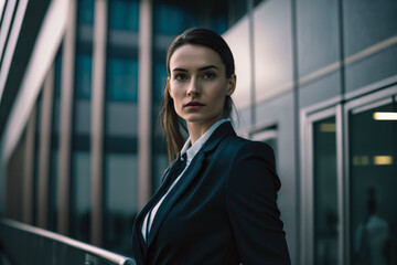 Cute business woman standing in front of a modern office building, generative ai