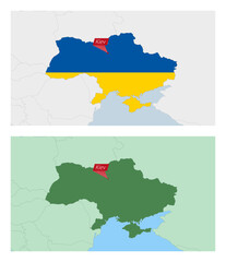Obraz premium Ukraine map with pin of country capital. Two types of Ukraine map with neighboring countries.