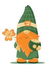 Hand drawn cute gnome in St Patrick's disguise with pot of gold and golden shamrock. Irish gnome  for good luck. Vector illustration for cards, decor, shirt design, invitation, banner
