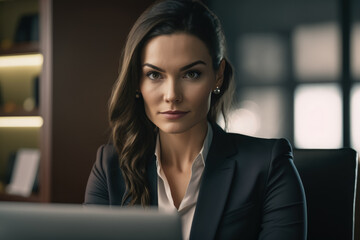 Fototapeta premium Close-up of a confident businesswoman with a subtle smile wearing professional attire and sitting at a desk with a laptop and papers, generative ai