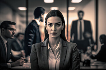 Businesswoman in Focus woman in a modern meeting room with her colleagues blurred in the background, generative ai