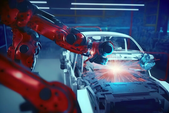 The automated robot arm on the car production line welds the car body at the car factory. Futuristic car AI generated illustration.