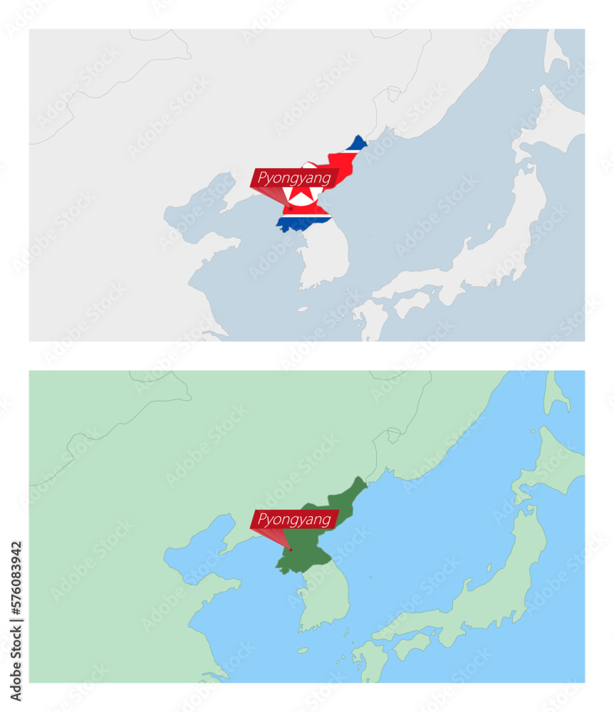 Sticker North Korea map with pin of country capital. Two types of North Korea map with neighboring countries.