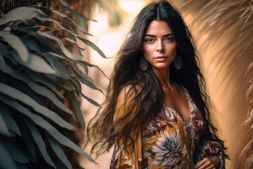 Bohemian Babe Free-Spirited Woman in a Flowing Maxi Dress with Natural Accents, generative ai