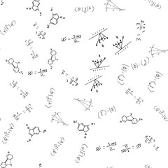 mathematical, physical, chemical formulas and expressions. scientific, educational background. Vector drawn by hand.