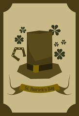 Vector vintage St. Patrick's day card. Big Leprechaun top hat, many small green clover leaves. Rough graphic style retro concept. Trendy decorative poster design, advertising art banner. Faded drawing