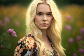 Naklejka premium Beautiful young woman with blonde hair wearing a floral sundress in a blooming field, generative ai