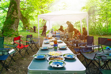 Fototapeta na wymiar Young happy friends camping in nature on sunny day, camping tables and chairs, eating food concept in the forest with friends