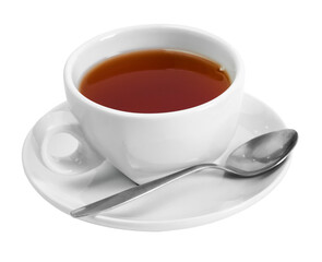 black tea in a white ceramic cup and saucer on a transparent background side view