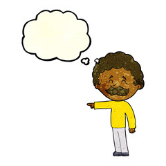 cartoon man with mustache pointing with thought bubble