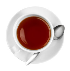 black tea in a white ceramic cup and saucer on a transparent background top view