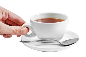 male hand holding a cup of black tea in a white ceramic cup and saucer on a transparent background, side view