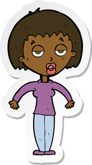 sticker of a cartoon woman shrugging shoulders