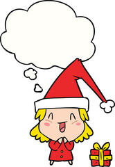 cartoon girl wearing christmas hat and thought bubble