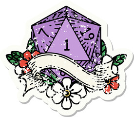 natural one d20 dice roll grunge sticker