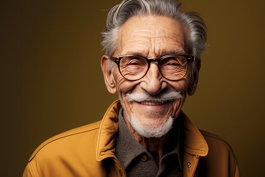 Trendy Attractive Smiling Senior Mature Elder Smiling Man Isolated On Solid Color Studio Background

