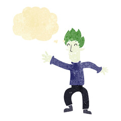 cartoon happy vampire man with thought bubble