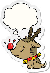 cartoon christmas reindeer and thought bubble as a printed sticker