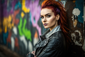 Fototapeta premium Fierce redhead woman with a high ponytail wearing a black leather jacket and ripped jeans, posing in front of a graffiti wall, generative ai