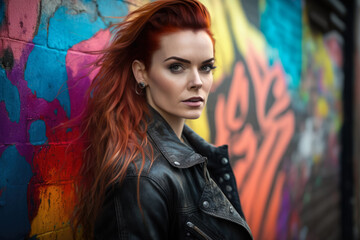 Obraz premium Fierce redhead woman with a high ponytail wearing a black leather jacket and ripped jeans, posing in front of a graffiti wall, generative ai