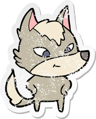distressed sticker of a friendly cartoon wolf