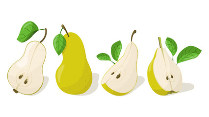 Set of pears with leaves on a white background.