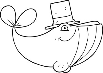 Obraz premium black and white cartoon whale wearing top hat