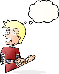 cartoon man with tattoos with thought bubble