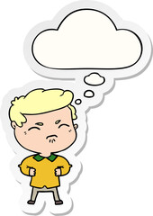 cartoon annoyed man and thought bubble as a printed sticker