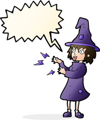 cartoon witch casting spell with speech bubble
