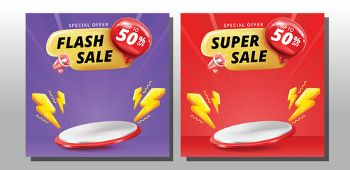 Flash sale promo banner template with 3D podium and bolt icons