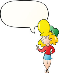 cartoon woman and big hair and speech bubble in smooth gradient style