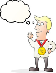 thought bubble cartoon waving man with award