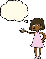 cartoon woman showing off engagement ring with thought bubble