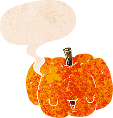 cartoon pumpkin and speech bubble in retro textured style