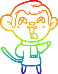 rainbow gradient line drawing crazy cartoon monkey wearing scarf