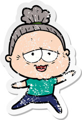 distressed sticker of a cartoon happy old lady