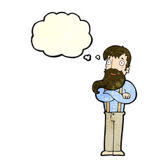 cartoon bearded hipster man with thought bubble