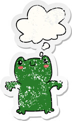 cartoon frog and thought bubble as a distressed worn sticker