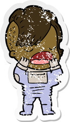 distressed sticker of a cartoon cool hipster girl in space suit