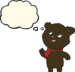 cartoon black bear wearing scarf with thought bubble