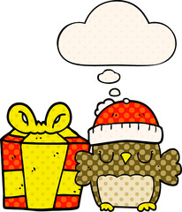 cute christmas owl and thought bubble in comic book style
