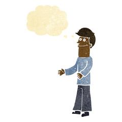 cartoon man shrugging shoulders with thought bubble